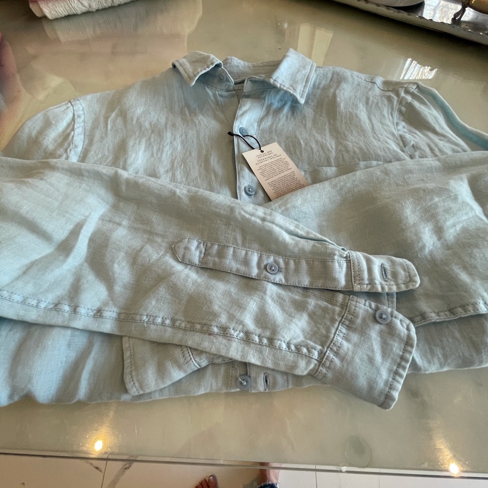 Pale blue black brown linen shirt